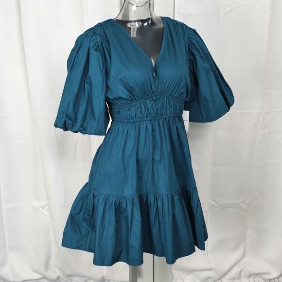 NWT Teal Empire Waist Puff Sleeve Dress Size M - Picture 5 of 12